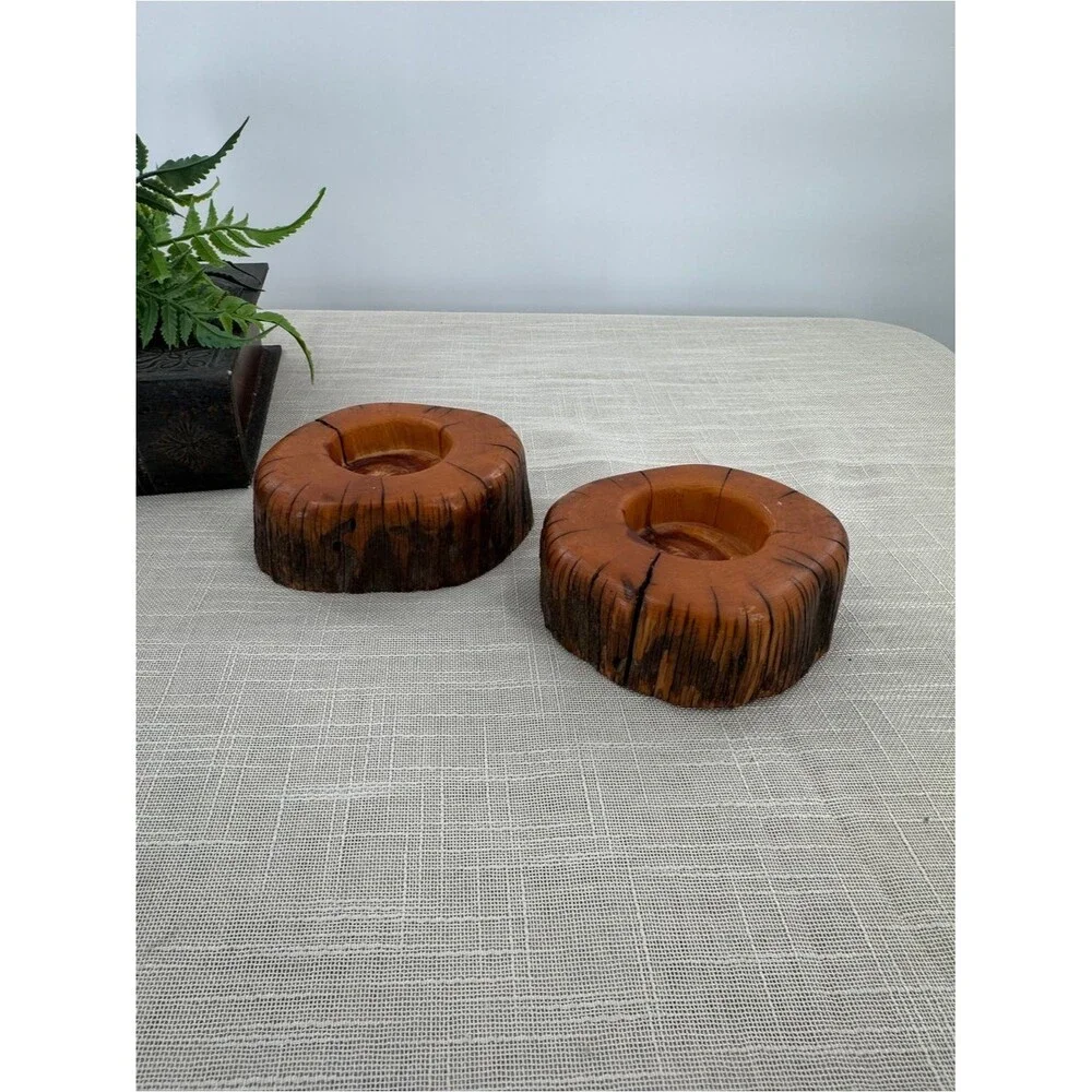 Vintage Hand Turned Natural Wood Log Votive Candle Holders Rustic Cabin Decor